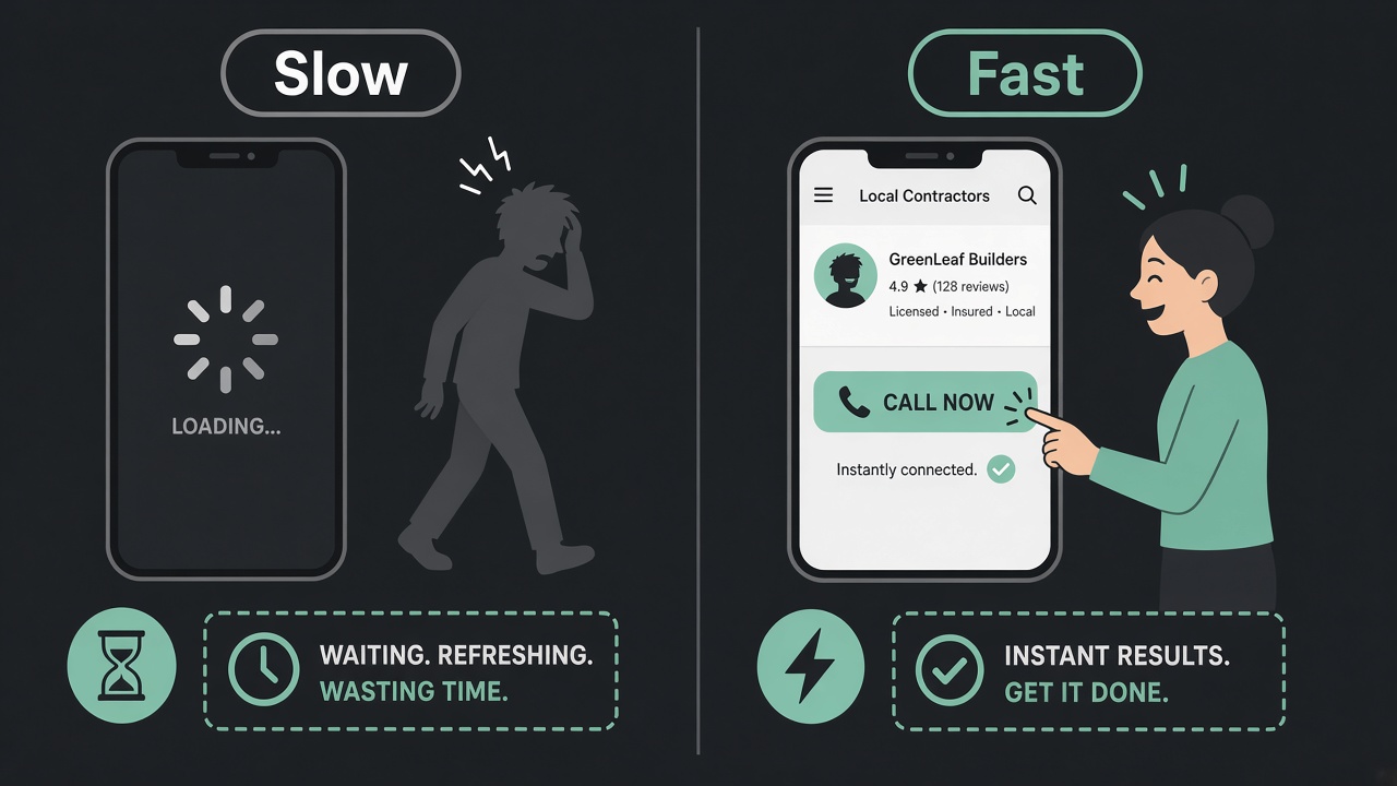 Abstract illustration of a slow-loading phone page next to a fast page that shows photos, reviews and a booking button