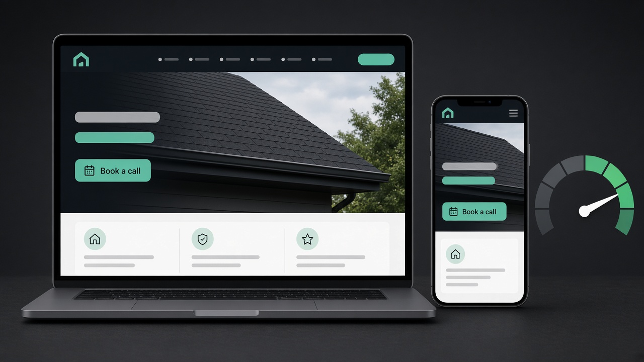 Illustration of a fast website card with a real photo, star reviews and a Book a call button