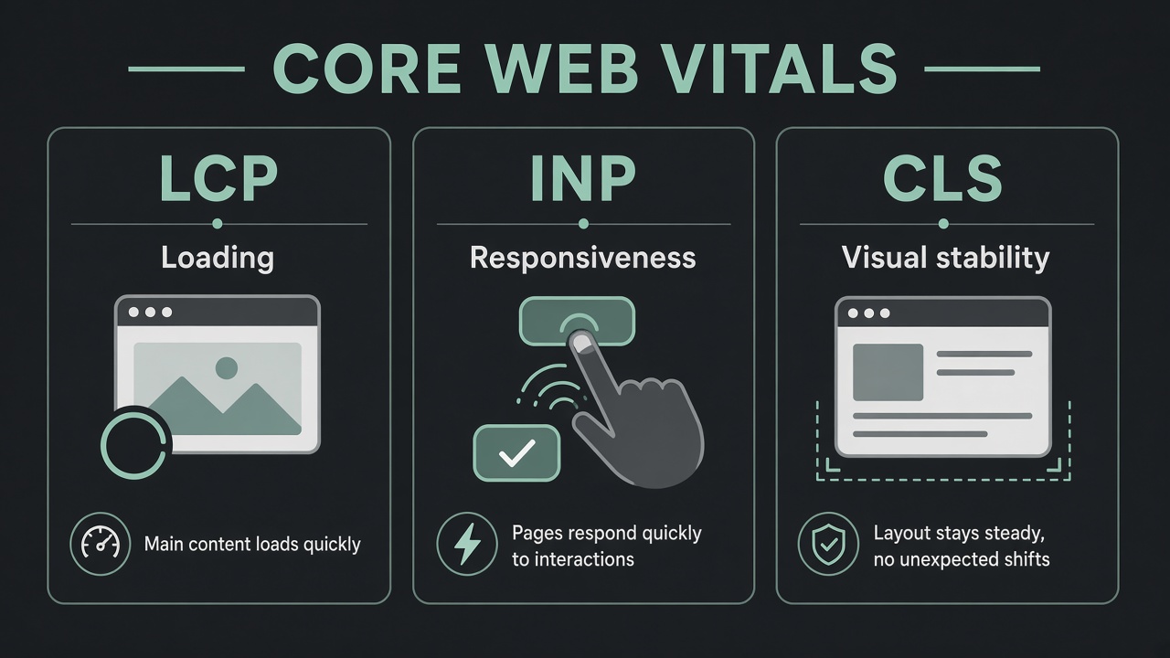 Three cards explaining LCP as main content shows, INP as taps respond, and CLS as nothing jumps, with Google's good thresholds