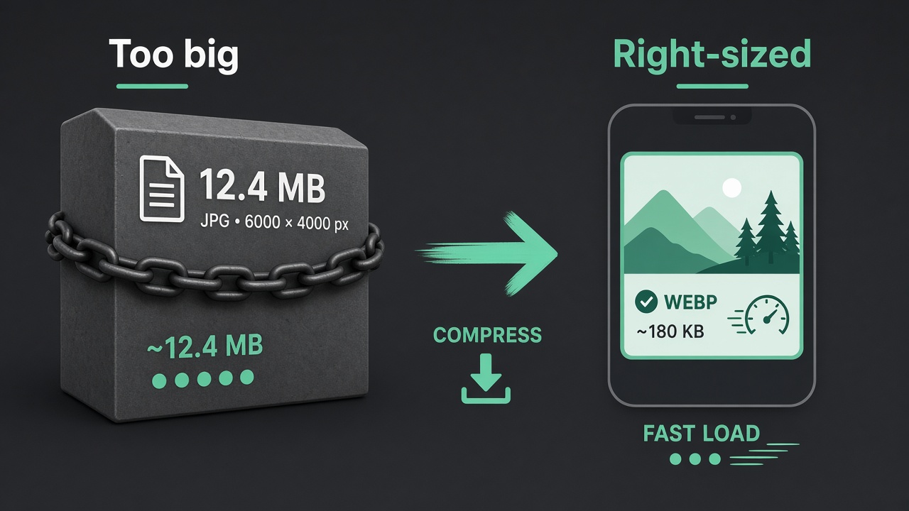 A large camera photo being resized and converted to a smaller WebP file before upload