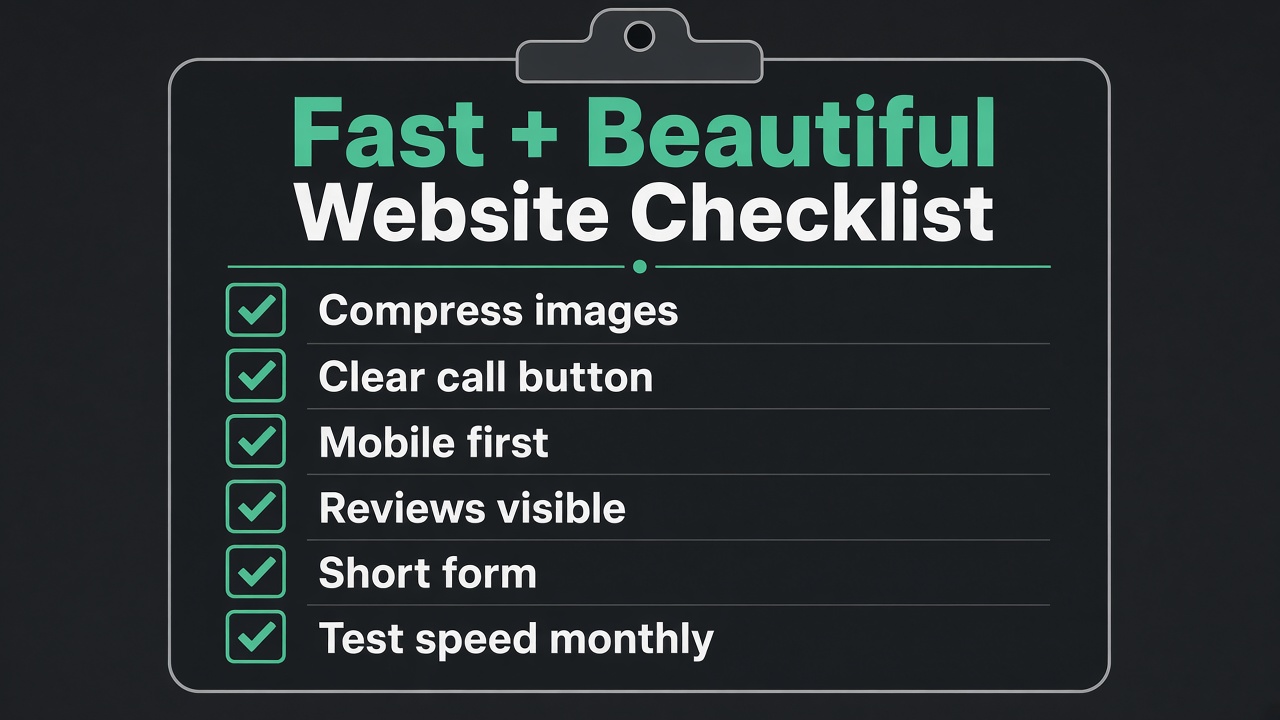 Checklist graphic: phone and button above the fold, real job photos, reviews near the CTA, service area, fast on mobile, nothing jumps, short form, tested in PageSpeed