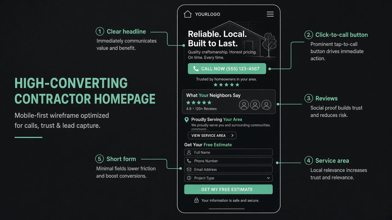 Diagram of a contractor homepage: phone and CTA in the header, real job photo and offer, reviews, services and area, short form, and licenses and badges