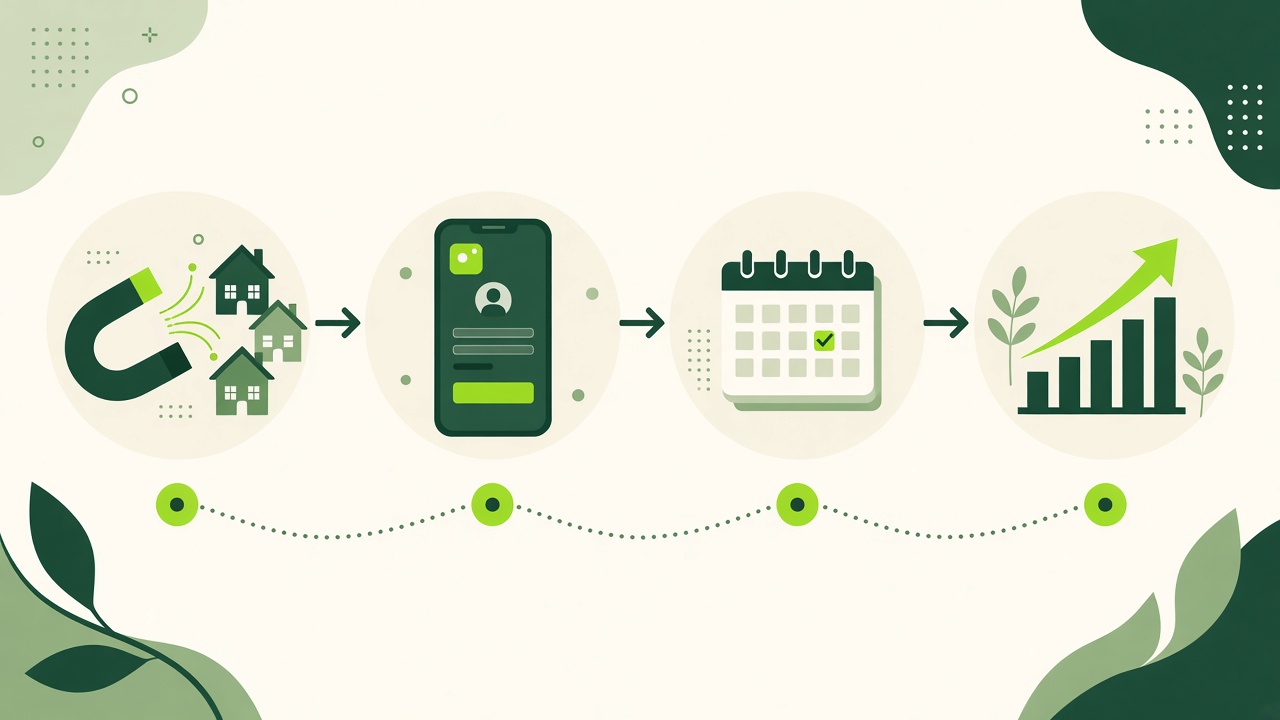 Attract, Capture, Book, Improve steps shown as magnet, funnel, calendar and growth chart icons