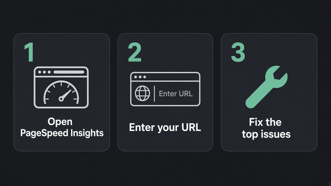 Four steps: paste URL, pick mobile, read field data, fix top issues