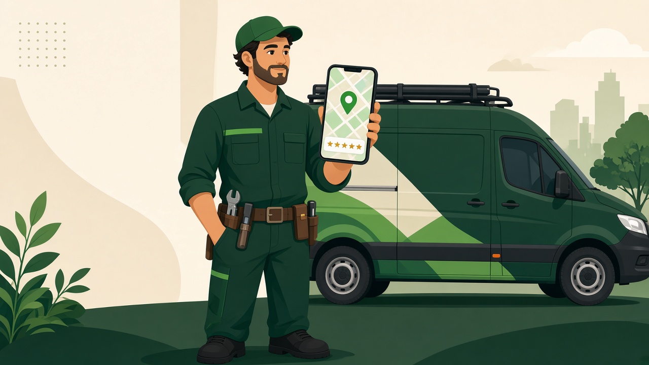 Plumber holding a phone showing a Google Business Profile with five-star reviews